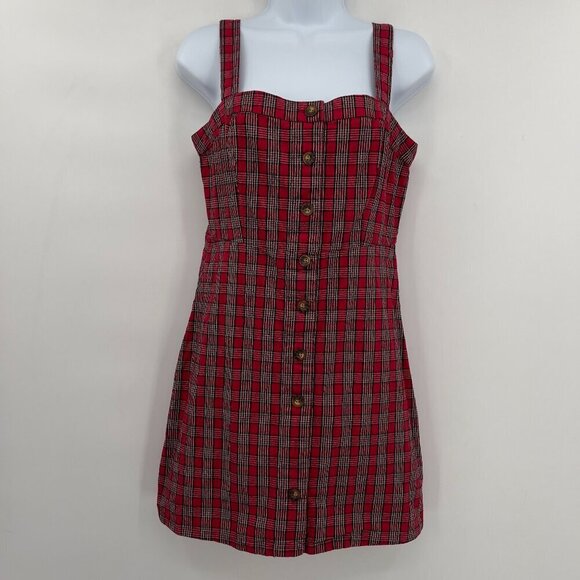 Hollister Y2K Red Plaid Button Front Mini Red Dress Women's M - Picture 1 of 9